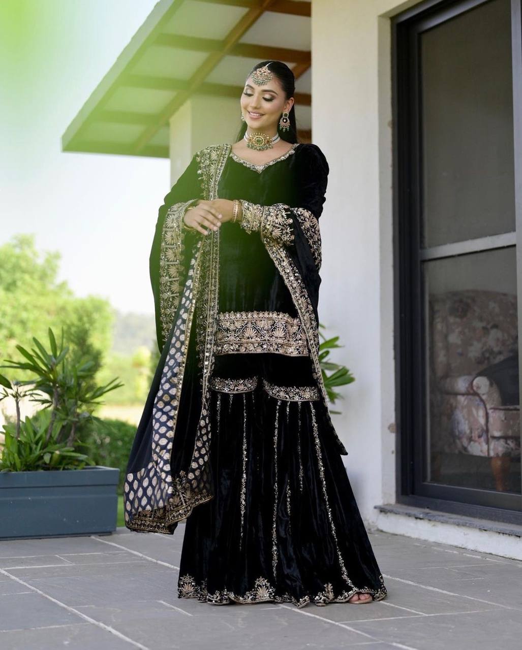 Premium Velvet Designer Embroidered Top-Sharara-Dupatta 