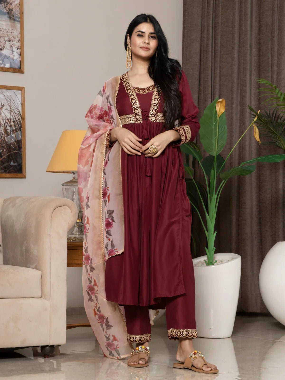 Elegant Embroidered Chinon Suit Set