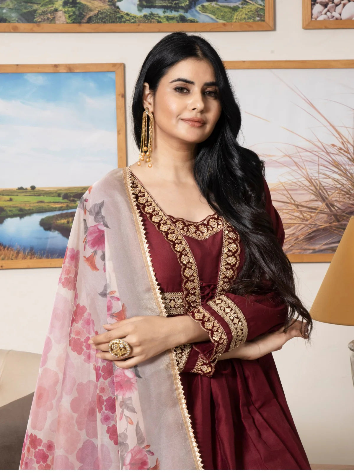 Elegant Embroidered Chinon Suit Set