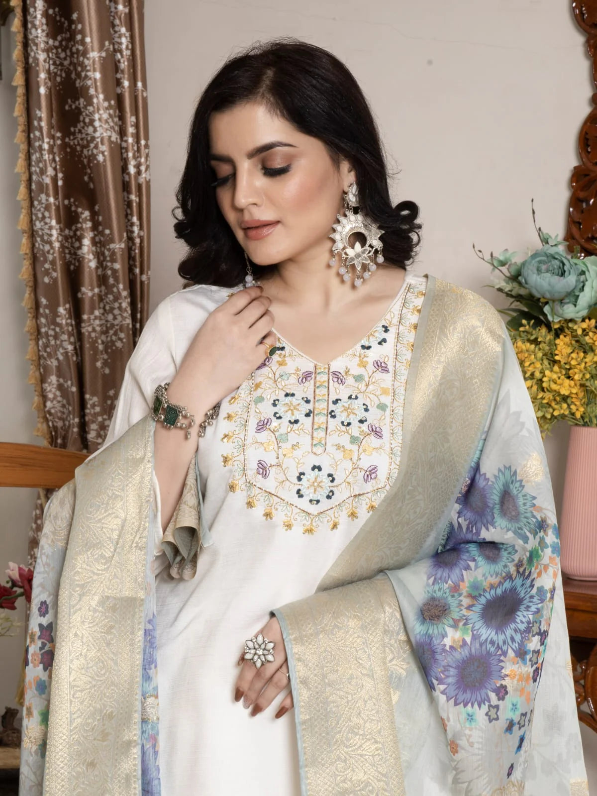Embroidered Viscose Suit Set with Printed Chanderi Jacquard Dupatta