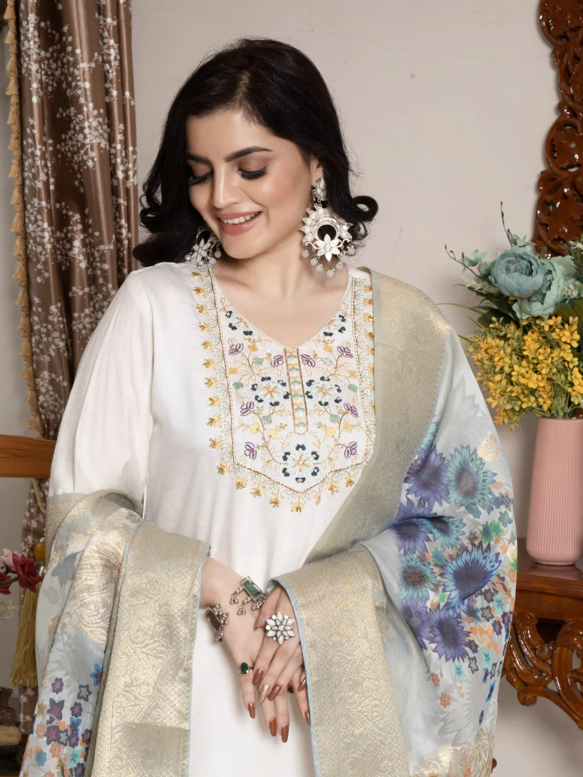 Embroidered Viscose Suit Set with Printed Chanderi Jacquard Dupatta