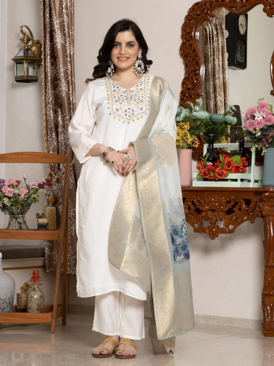 Embroidered Viscose Suit Set with Printed Chanderi Jacquard Dupatta