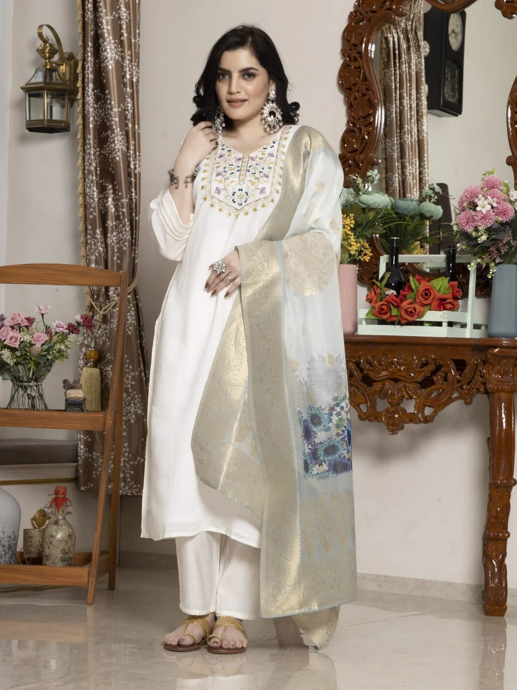 Embroidered Viscose Suit Set with Printed Chanderi Jacquard Dupatta