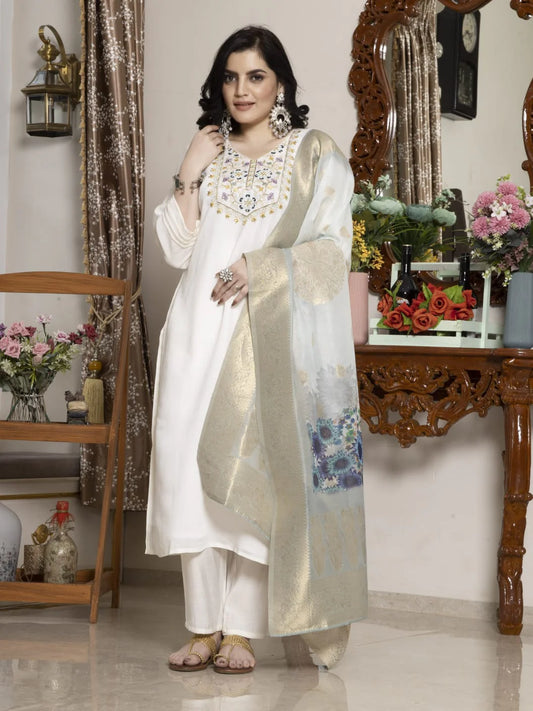 Embroidered Viscose Suit Set with Printed Chanderi Jacquard Dupatta