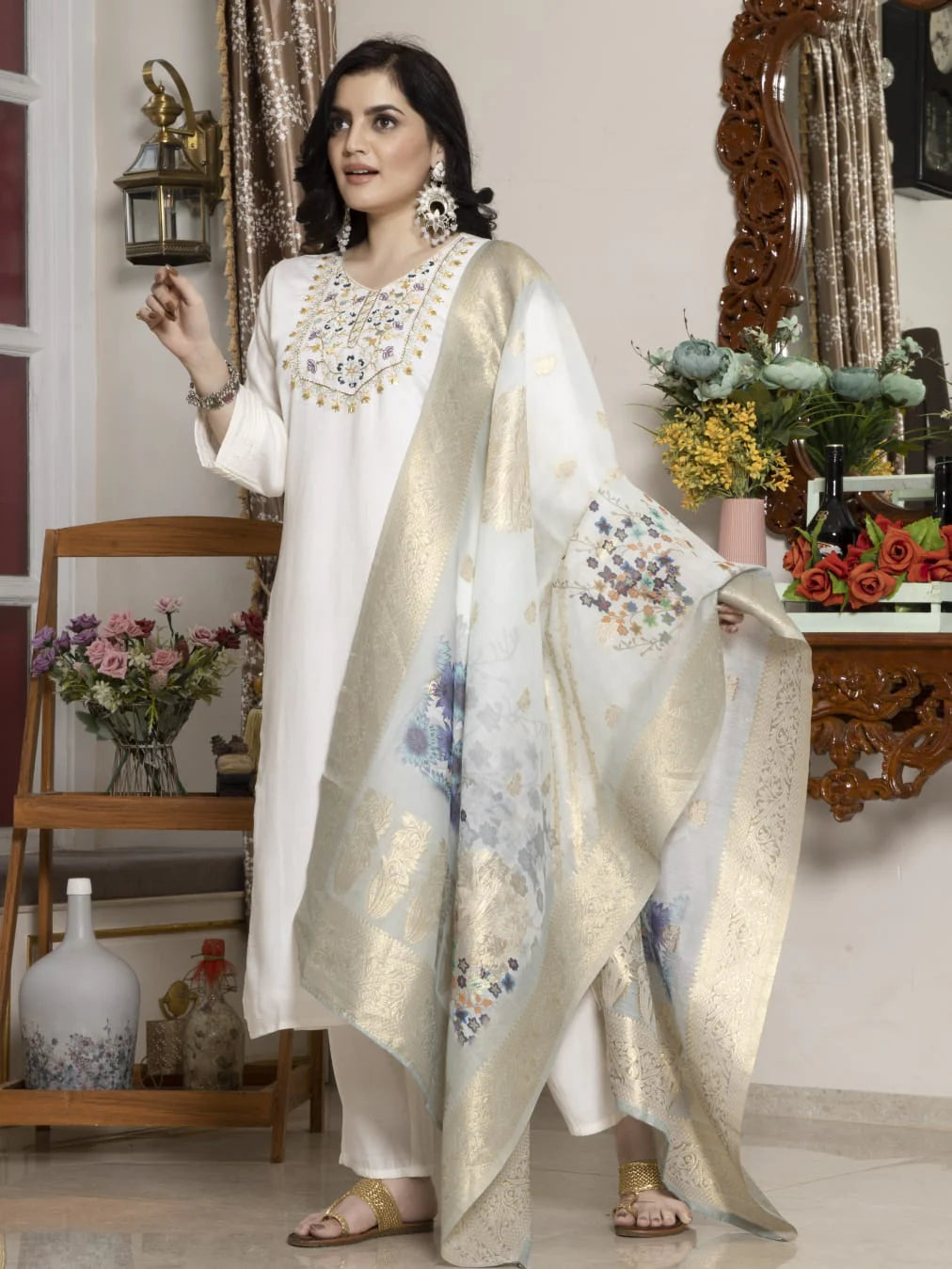 Embroidered Viscose Suit Set with Printed Chanderi Jacquard Dupatta