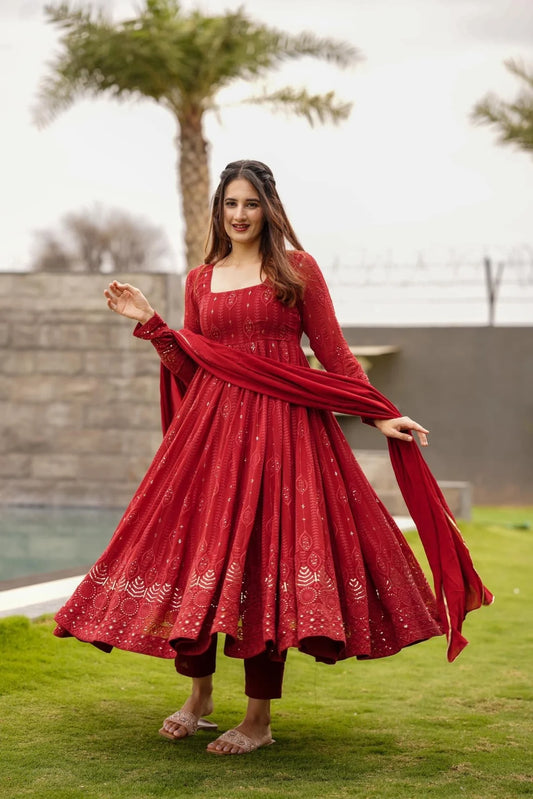 MAROON EMBROIDERED GEORGETTE Gown With Dupatta