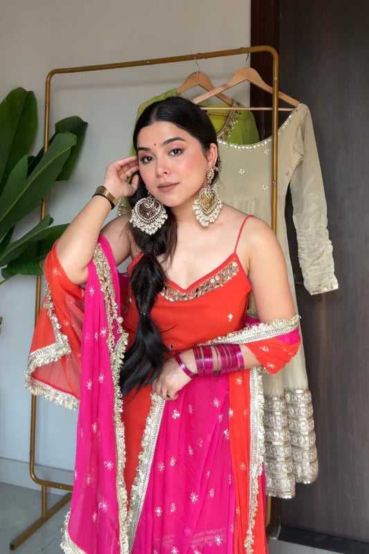 Madhuri Pink-Orange Chinon Skirt Set with Chiffon Dupatta