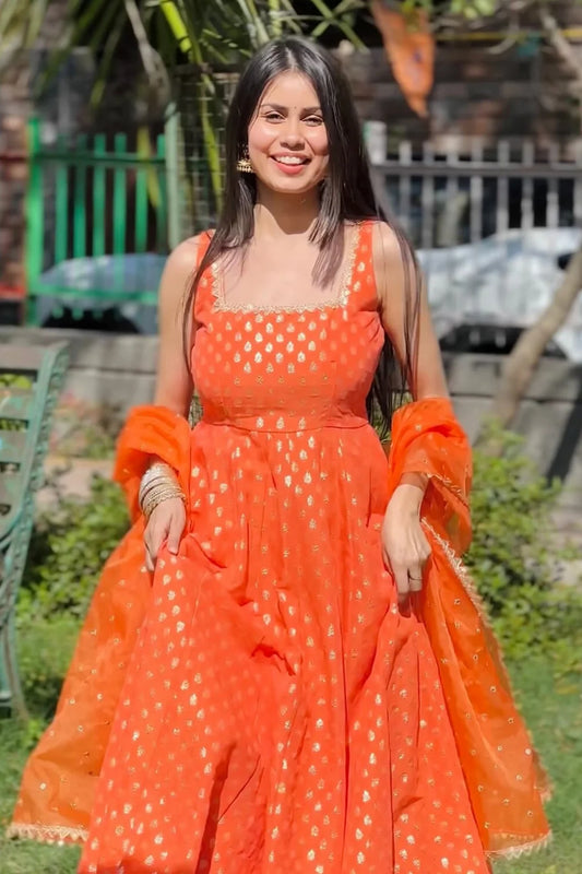 Orange Chanderi Cotton Suit with Sequin Dupatta