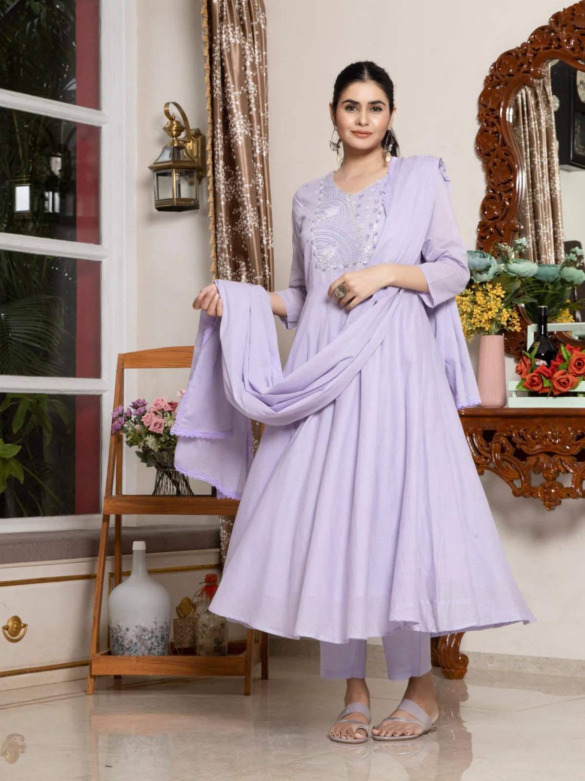 Pure Cotton Embroidered Suit Set with GPO Lace Dupatta
