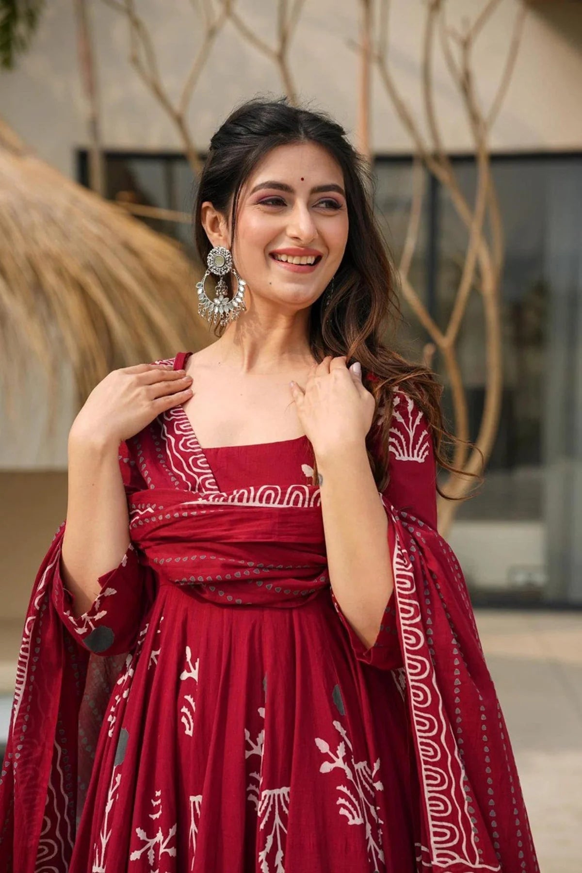 Maroon Maslin Printed Suit Set