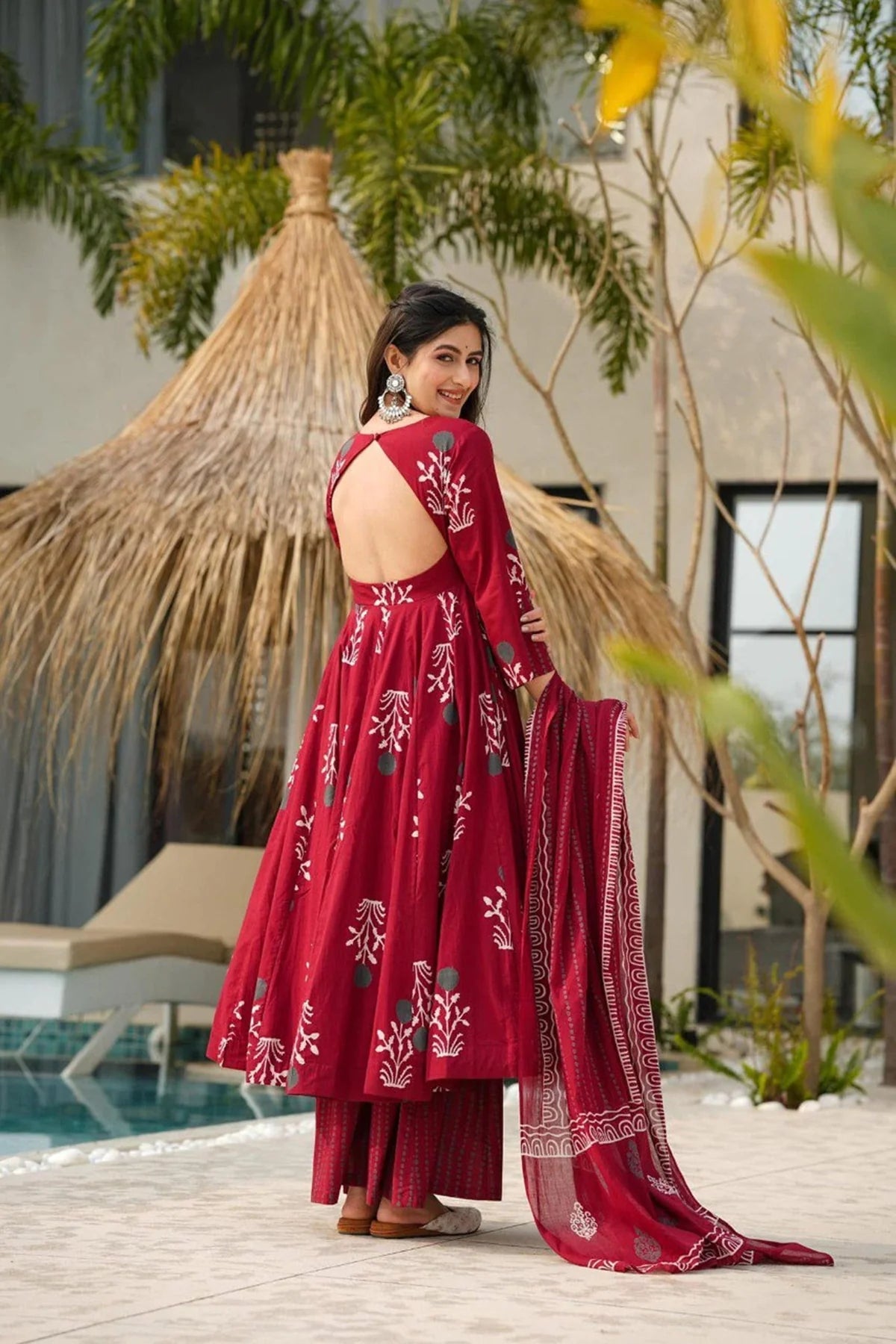 Maroon Maslin Printed Suit Set