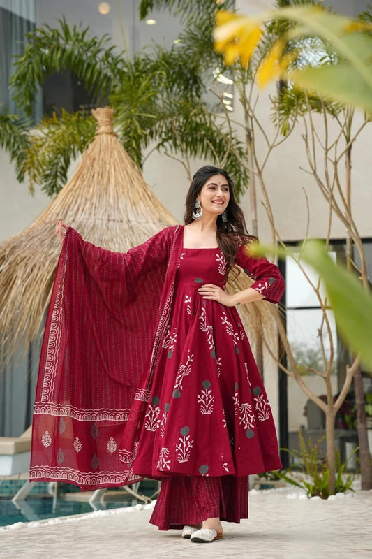 Maroon Maslin Printed Suit Set