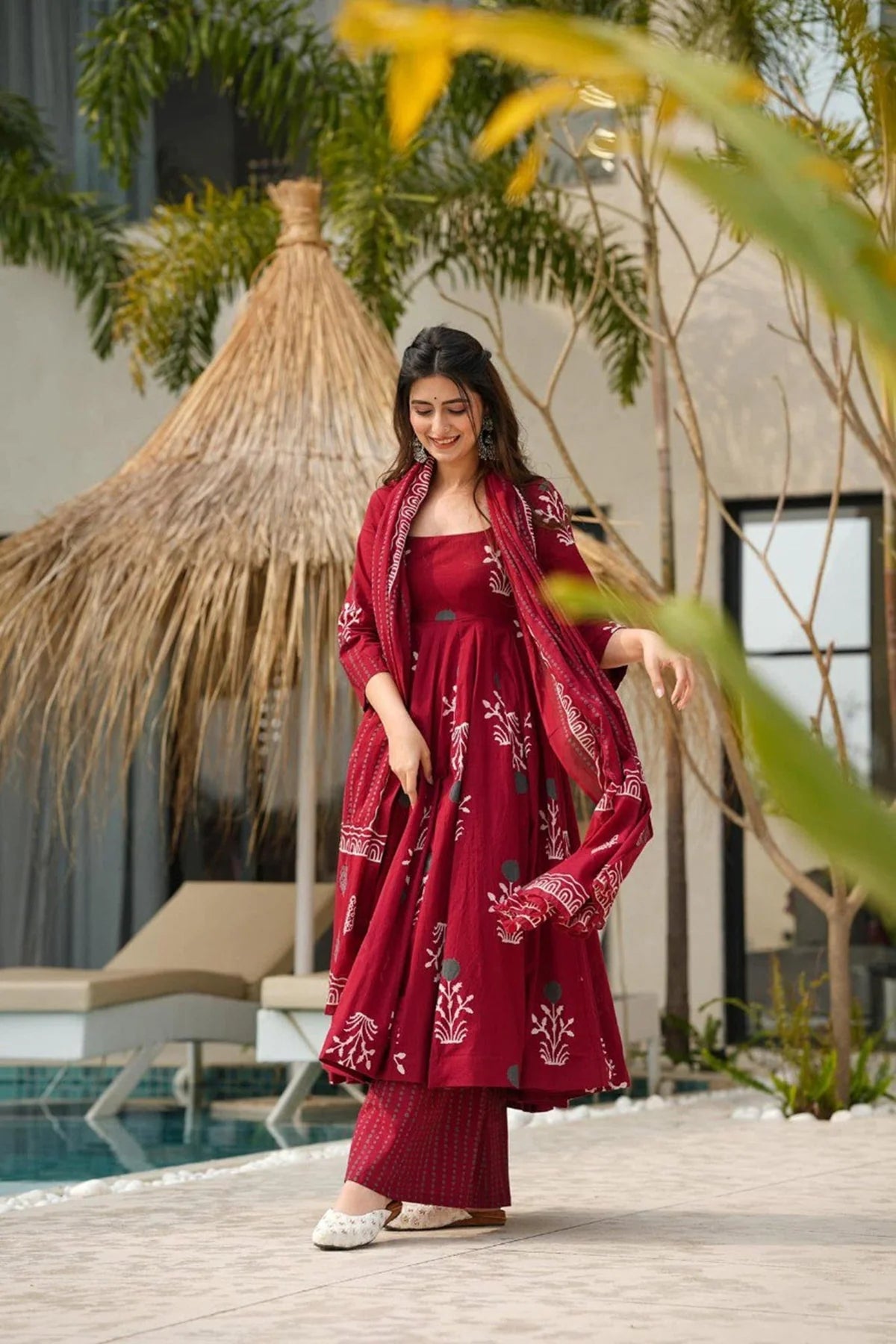 Maroon Maslin Printed Suit Set