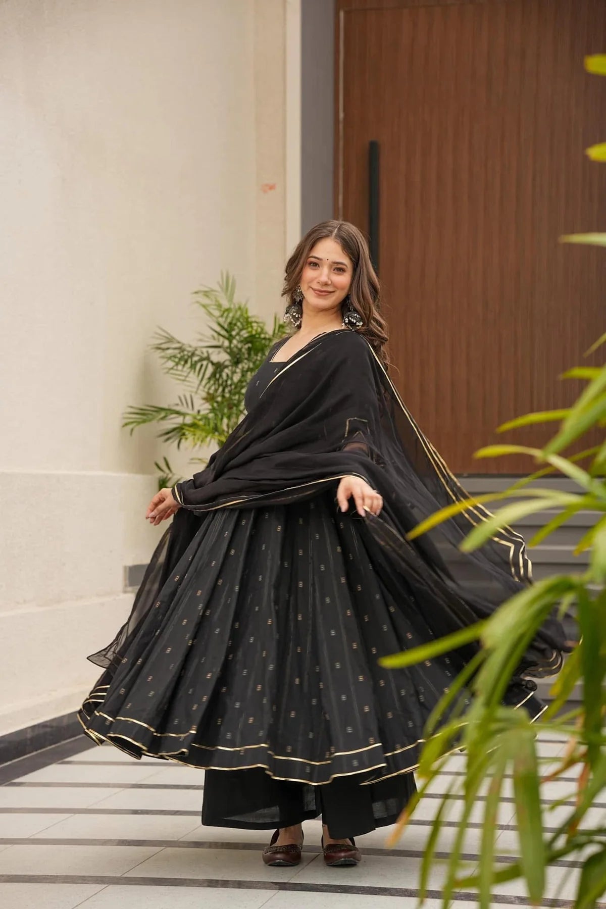 Muslin Anarkali Suit Set with Palazzo and Dupatta
