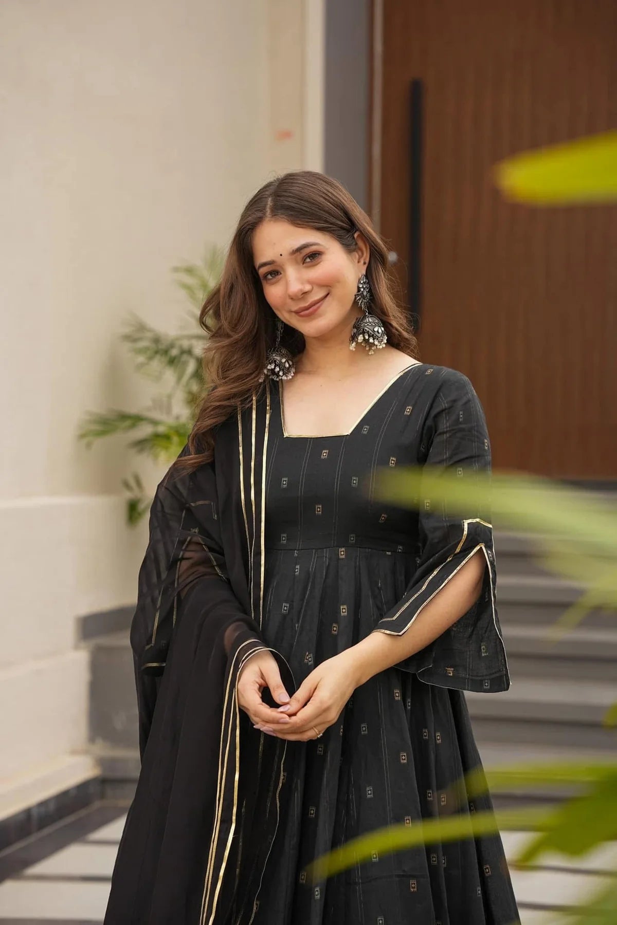 Muslin Anarkali Suit Set with Palazzo and Dupatta