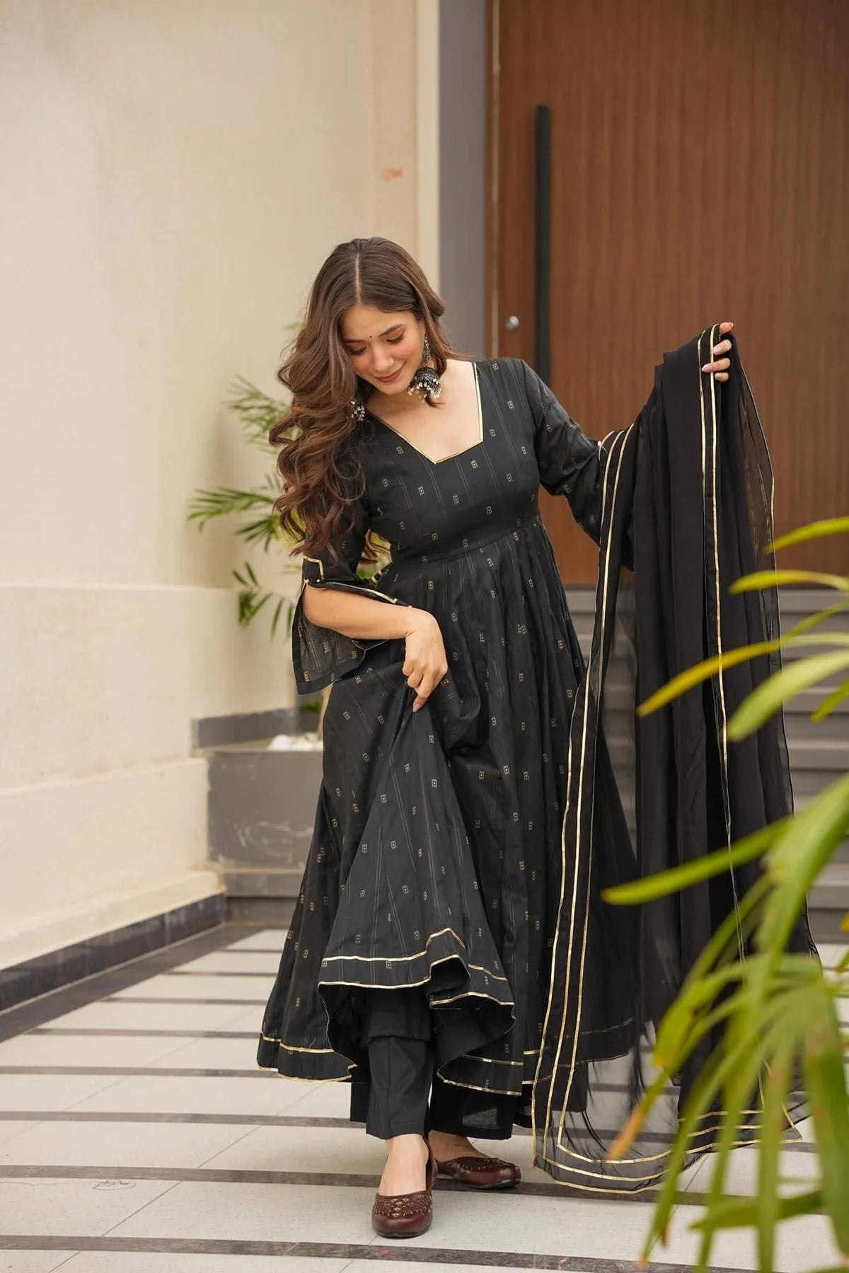 Muslin Anarkali Suit Set with Palazzo and Dupatta