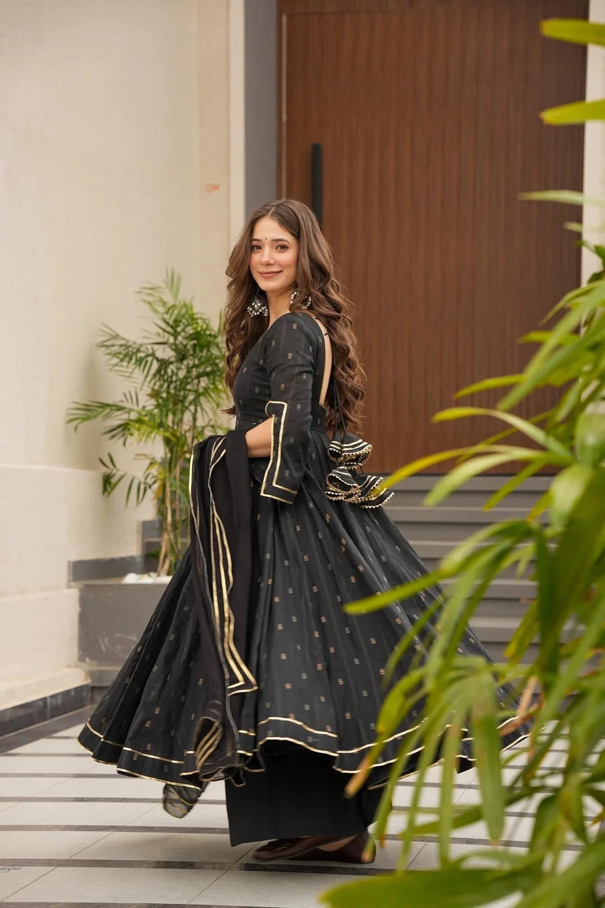 Muslin Anarkali Suit Set with Palazzo and Dupatta