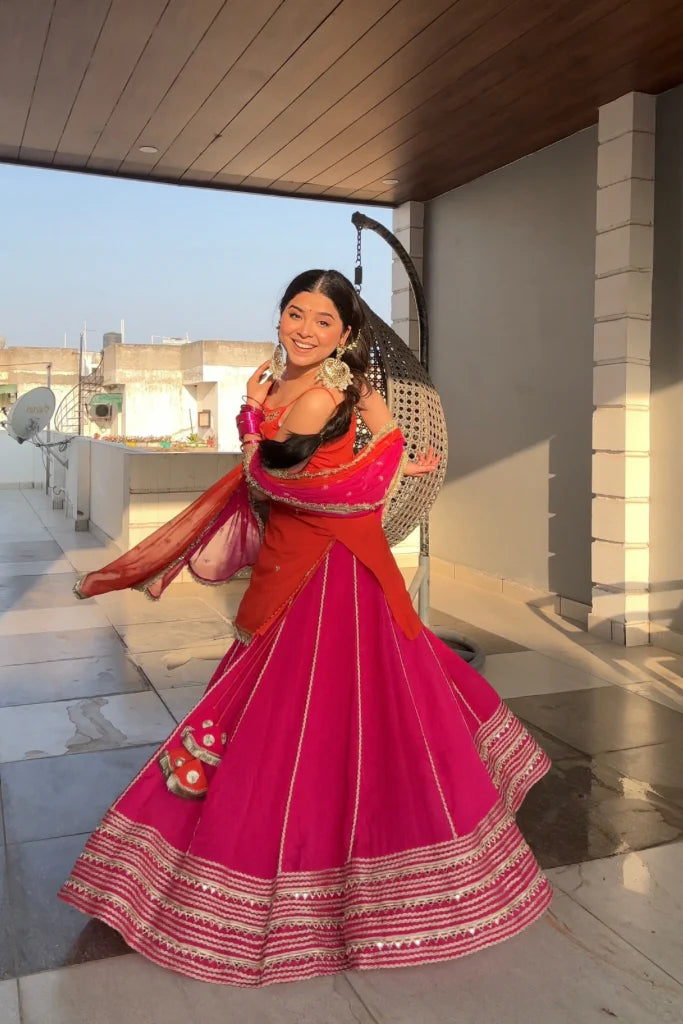 Madhuri Pink-Orange Chinon Skirt Set with Chiffon Dupatta