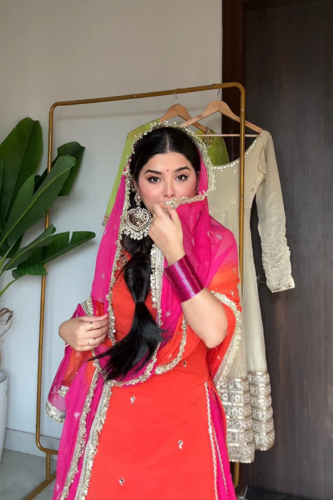Madhuri Pink-Orange Chinon Skirt Set with Chiffon Dupatta