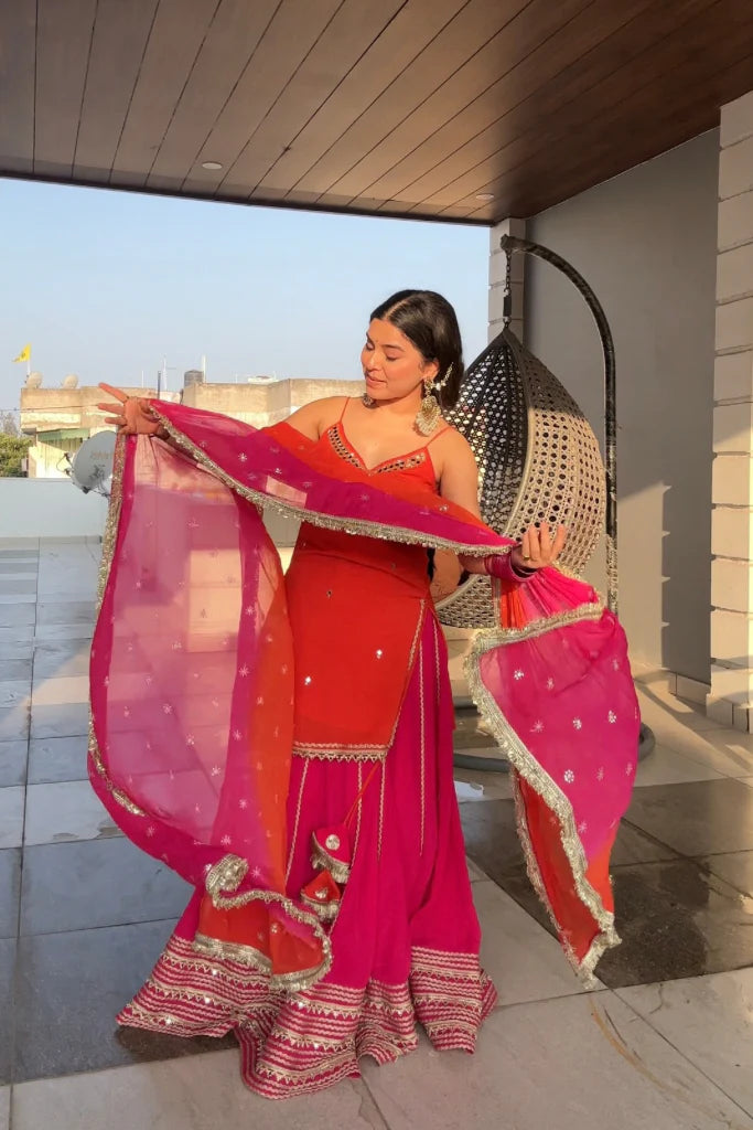 Madhuri Pink-Orange Chinon Skirt Set with Chiffon Dupatta