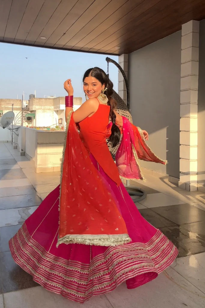 Madhuri Pink-Orange Chinon Skirt Set with Chiffon Dupatta