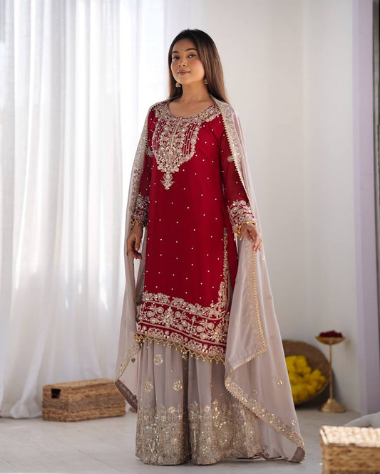 Designer Faux Georgette Embroidered Top-Plazzo-Dupatta Set 