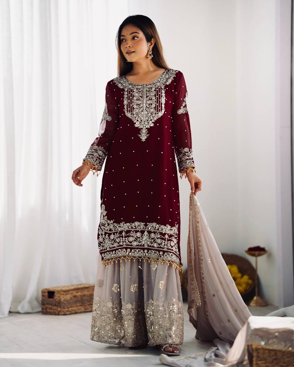 Premium Faux Georgette Embroidered Top-Plazzo-Dupatta