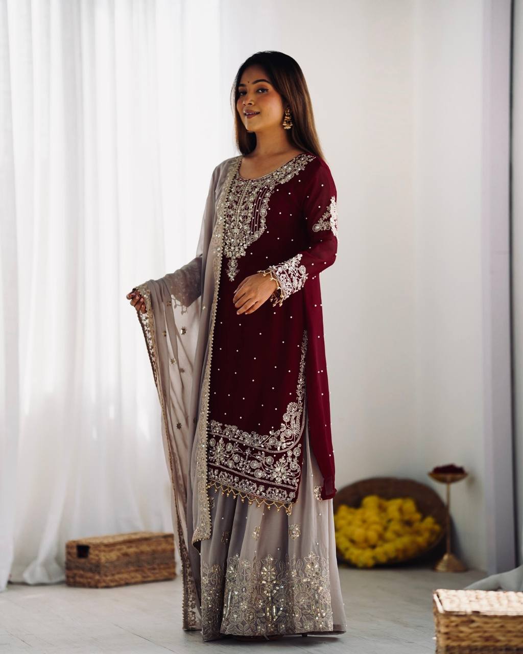 Premium Faux Georgette Embroidered Top-Plazzo-Dupatta