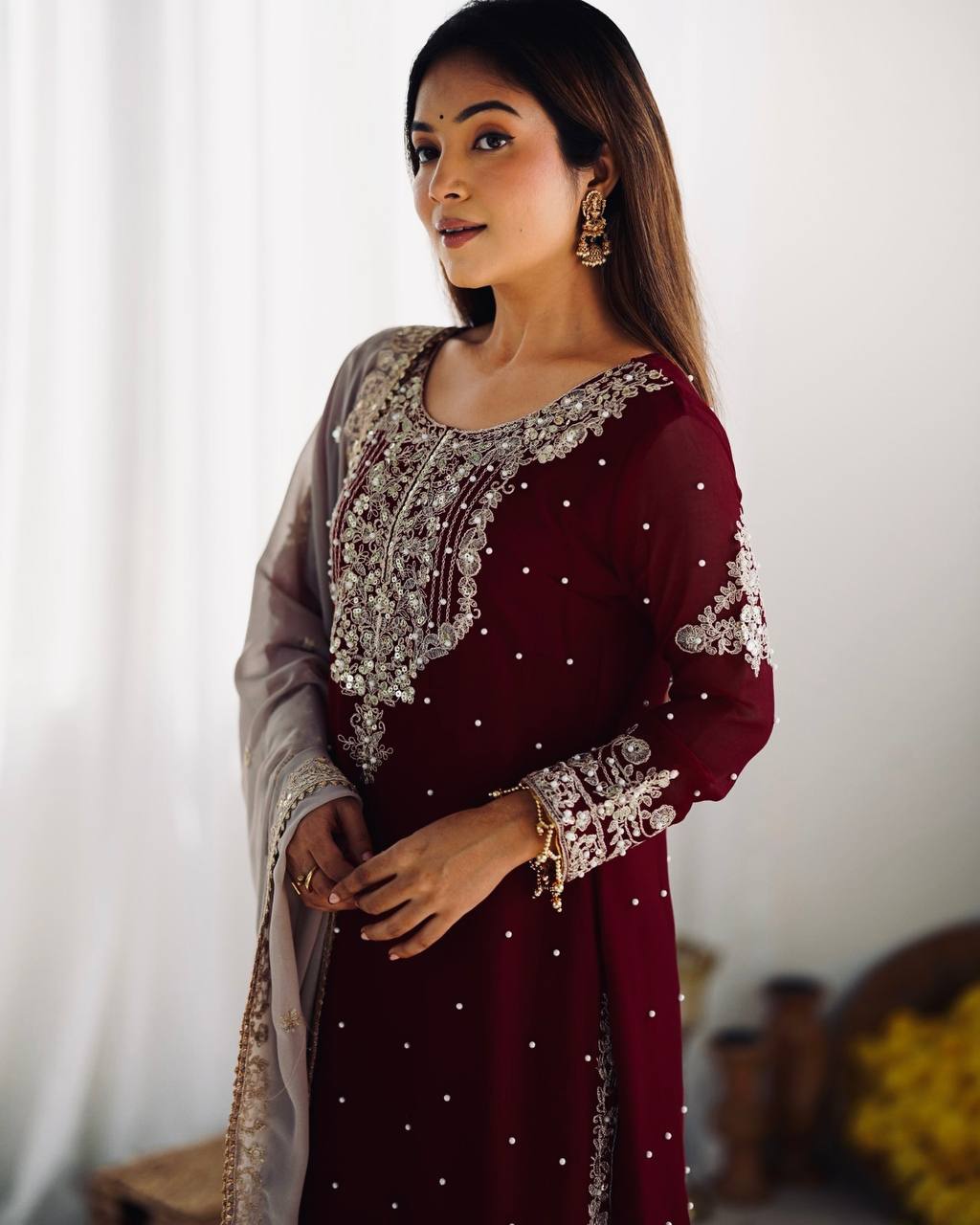 Premium Faux Georgette Embroidered Top-Plazzo-Dupatta