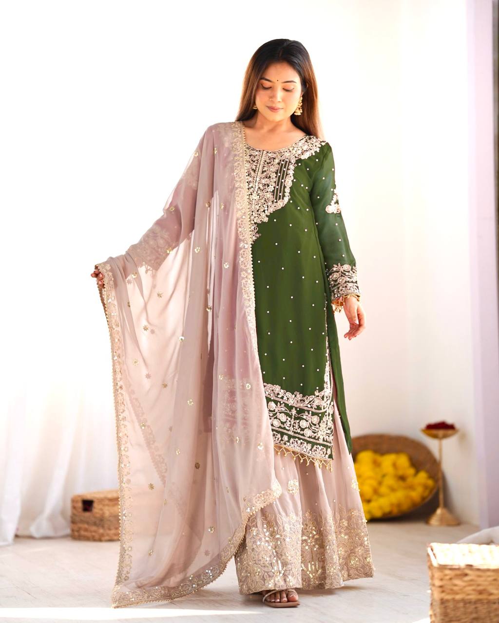 Heavy Faux Georgette Embroidered Partywear Suit Set Top( Plazzo & Dupatta)