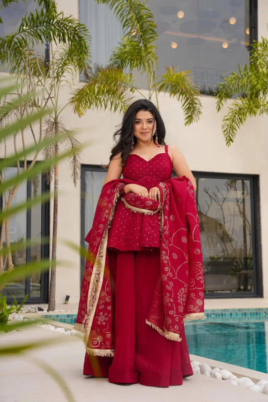 Cherry Red Tabby Organza Mukesh Palazzo Suit