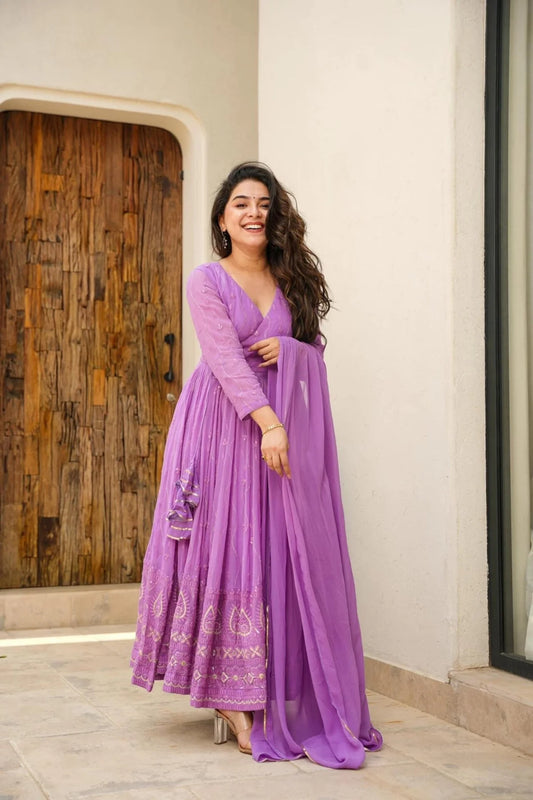 Purple Faux Blooming Anarkali with Cotton Pants